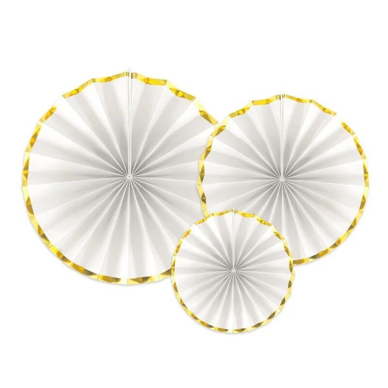 Abanicos colgantes decorativos blanco y oro comunion 3 uds