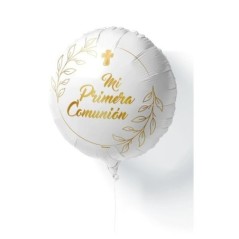 Globo Mi primera comunion blanco y oro foil 45 cm helio o aire 8435127174709 17470