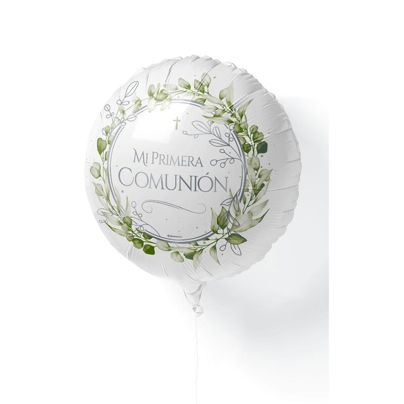 Globo Mi primera comunion blanco y verde floral 45 cm helio o aire