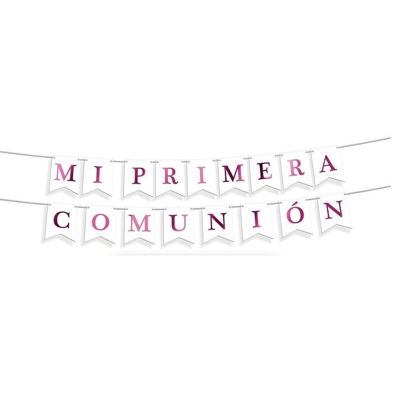 Letrero Mi primera comunion blanco y rosa metal 4 metros