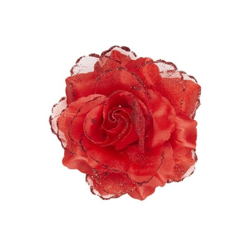 Pinza de pelo flor rosa roja con purpurina