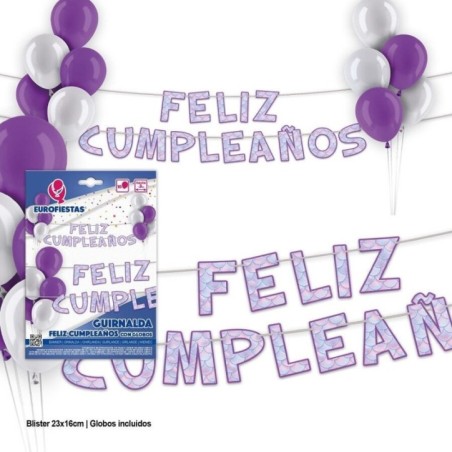 guirnalda feliz cumpleanos morado sirena 3 metros con globos 11412 8003558034116