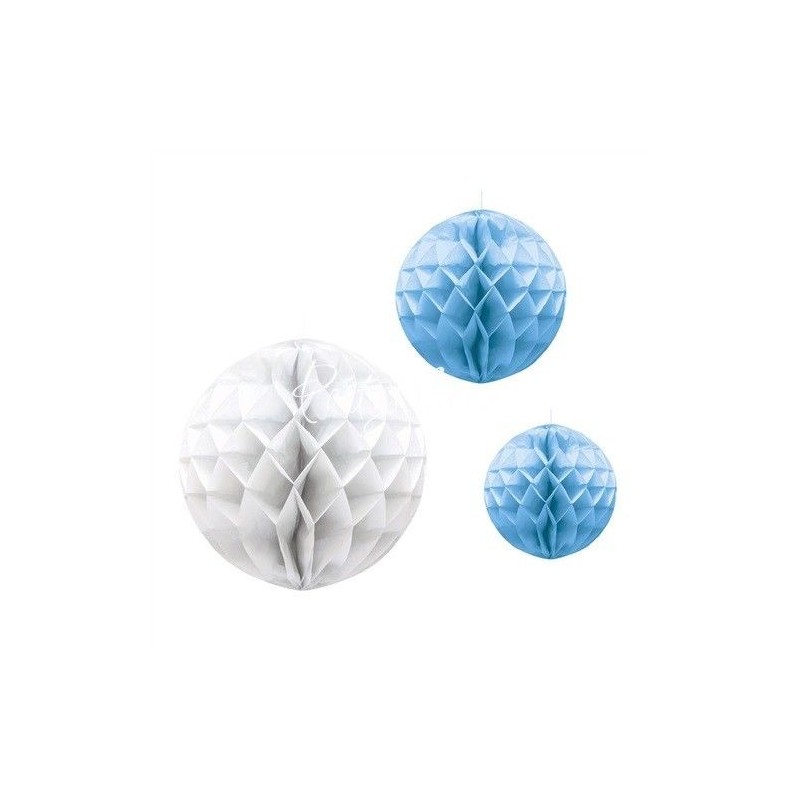 Faroles redondos nido de abeja panel blanco y azul 3 uds 20 26 y 30 cm