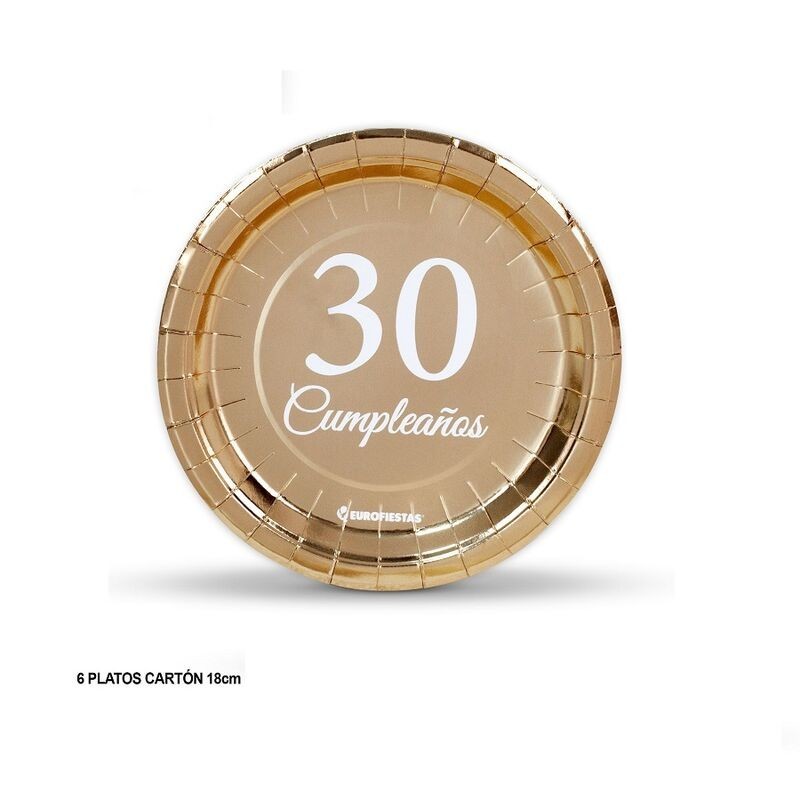Platos oro 30 cumpleaños 6 uds de 18 cm