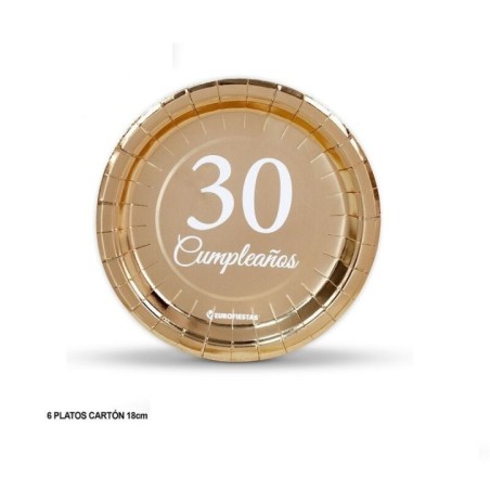 platos oro 30 cumpleanos 6 uds de 18 cm 33626 8412345010224