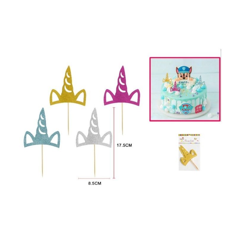 Pinchos unicornio 4 uds 17,5 cm Toppers tarta cupcakes