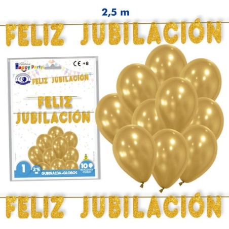 guirnalda feliz jubilacion oro con 10 globos 25 metros 5374 39 8434077040591