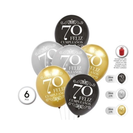 globos 70 cumpleanos latex 6 uds 30 cm 53858 8434077040591