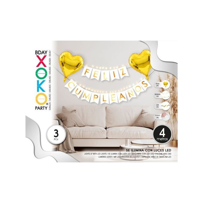 Guirnalda feliz cumpleaños con luz y globos corazon