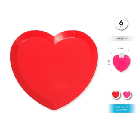 platos corazon rojo o rosa surtido colores 6 uds 24 cm 59628 8434077040591