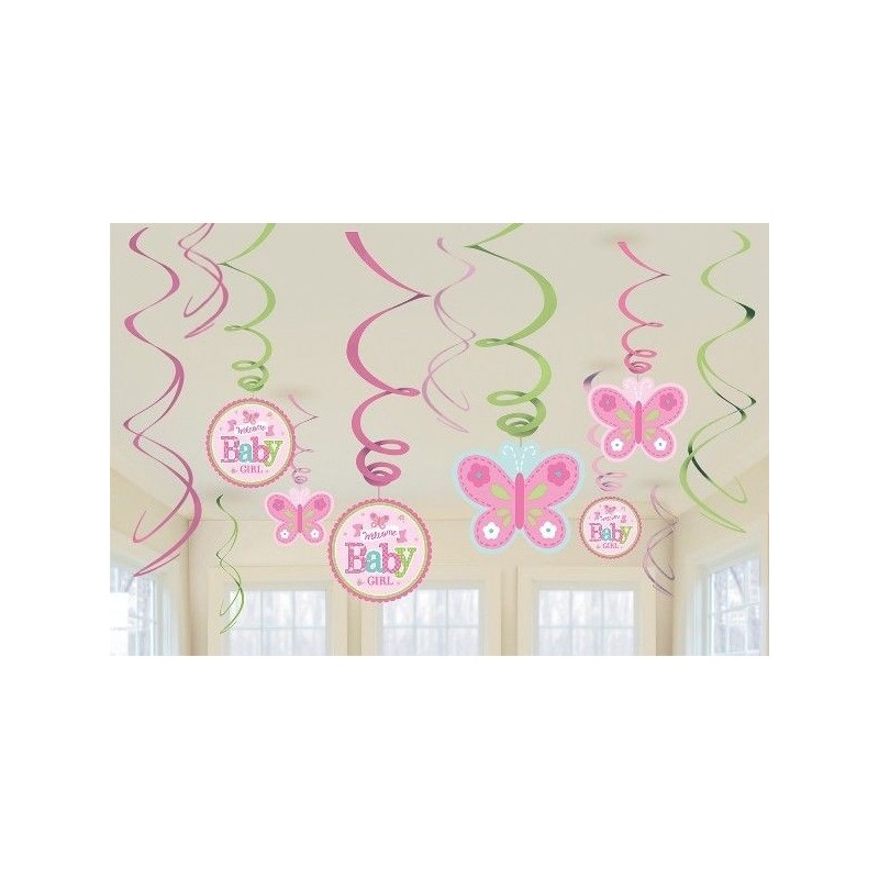 Decoracion colgantes espirales baby shower niña