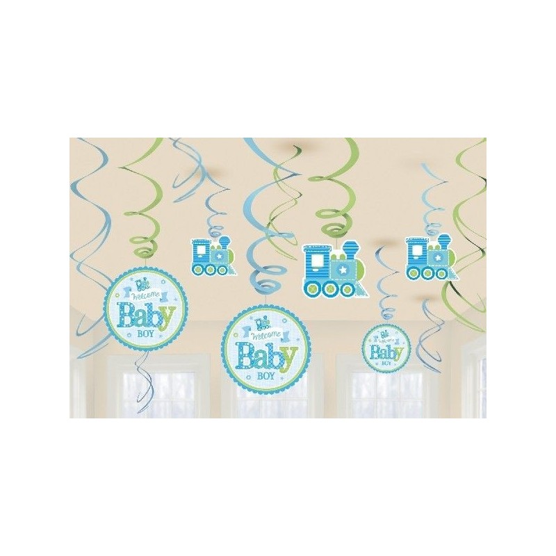 Decoracion colgantes espirales baby shower niño