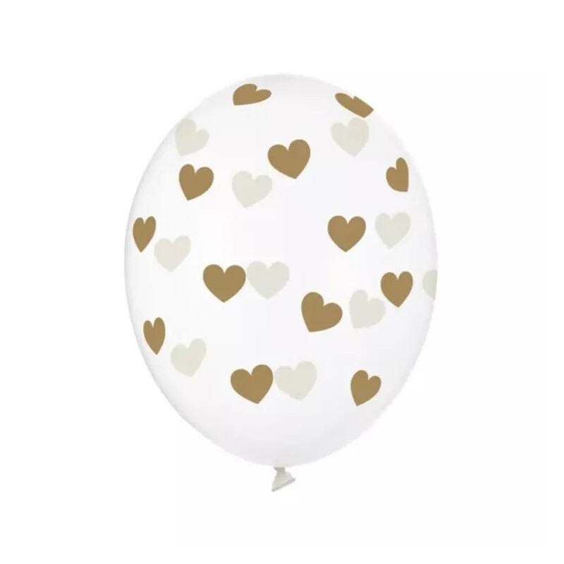 Globos transparentes con corazones oro 6 uds 30 cm