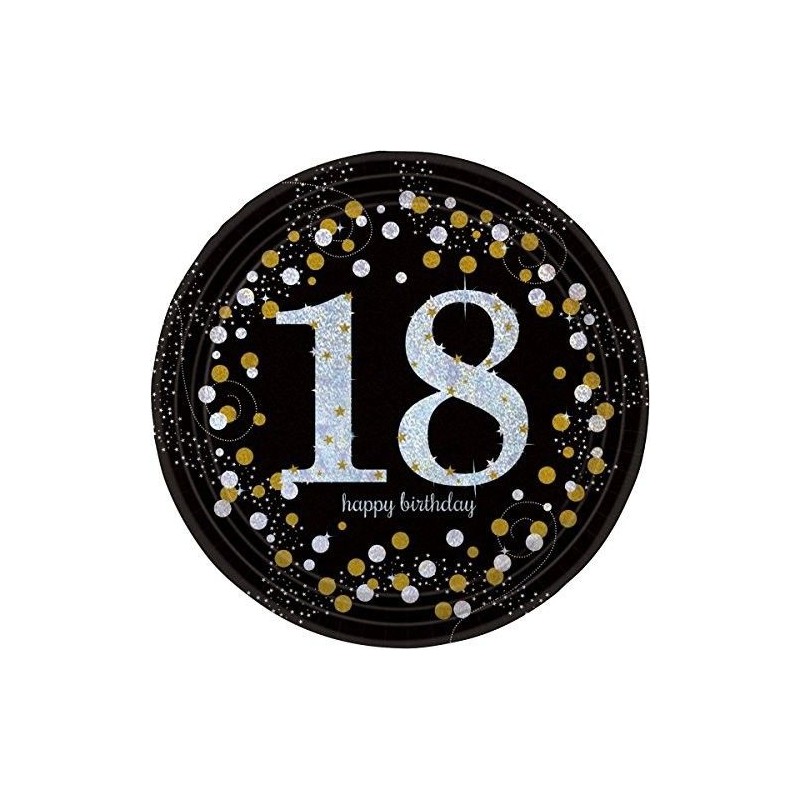 Platos 18 cumpleaños oro y negro 23 cm 8 unidades