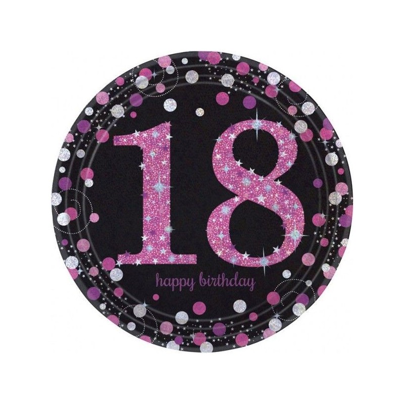 Platos 18 cumpleaños rosas y negros 23 cm 8 uds