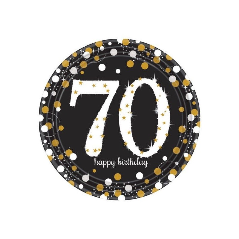 Platos 70 cumpleaños negro y oro 8 uds