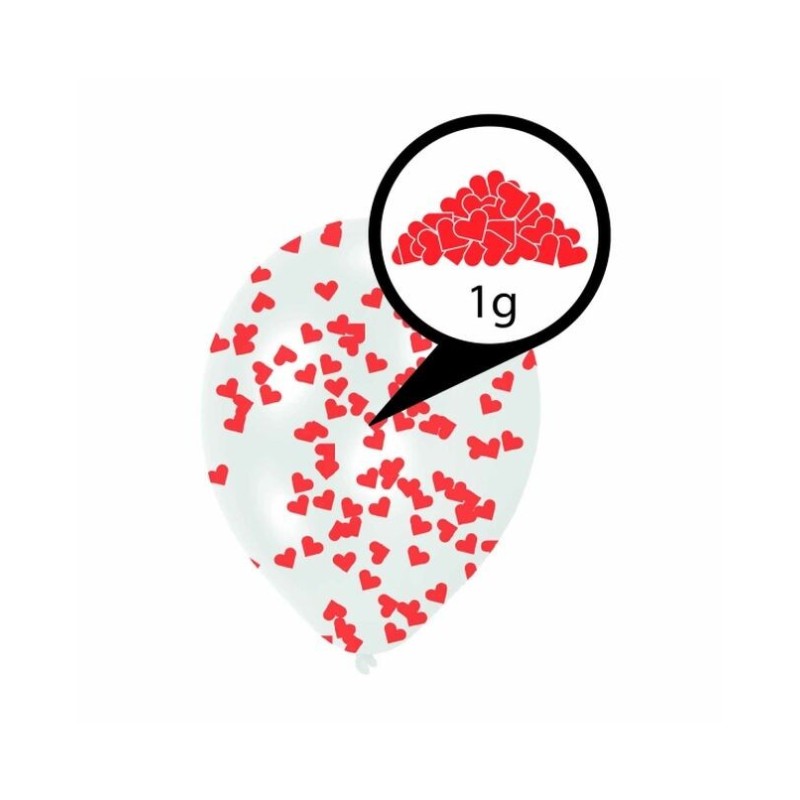 Globos latex transparentes con confeti corazones rojos 6 uds
