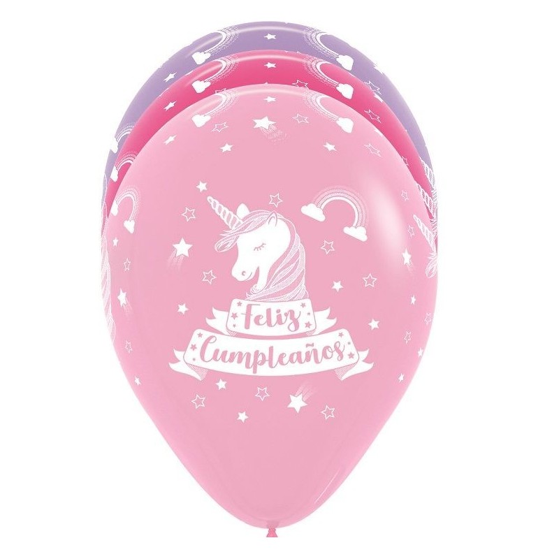 Globo Feliz Cumpleaño unicornio 12 uds 30 cm Sempertex