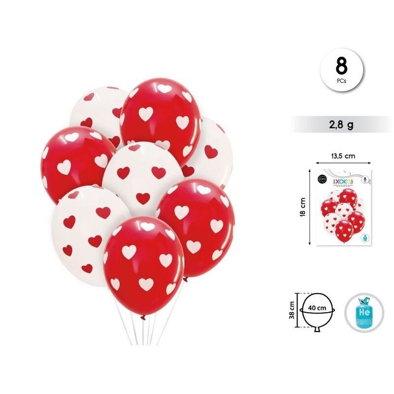 Globos rojos y blancos con corazones latex 8 uds 30 cm