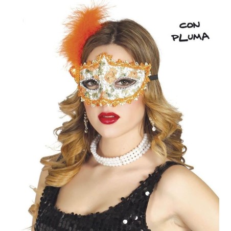 antifaz veneciano decorado naranja con pluma