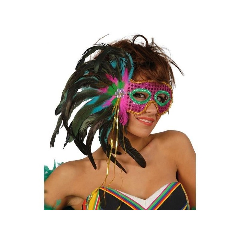 Antifaz plumas lentjuelas rosas