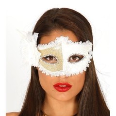 antifaz veneciano decorado blanco con rosa y pluma