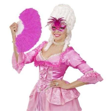 antifaz veneciano rosa con gema ribetes y plumas