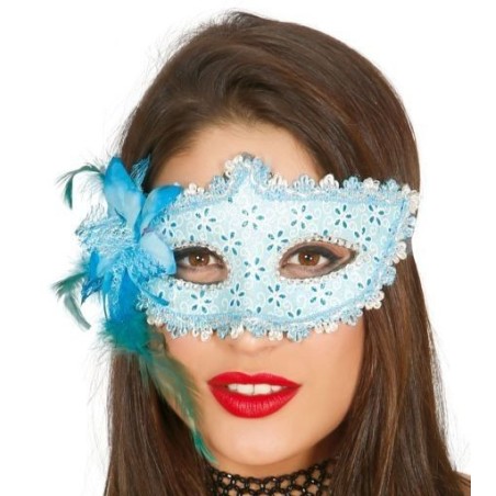 antifaz veneciano azul con flor azul epoca