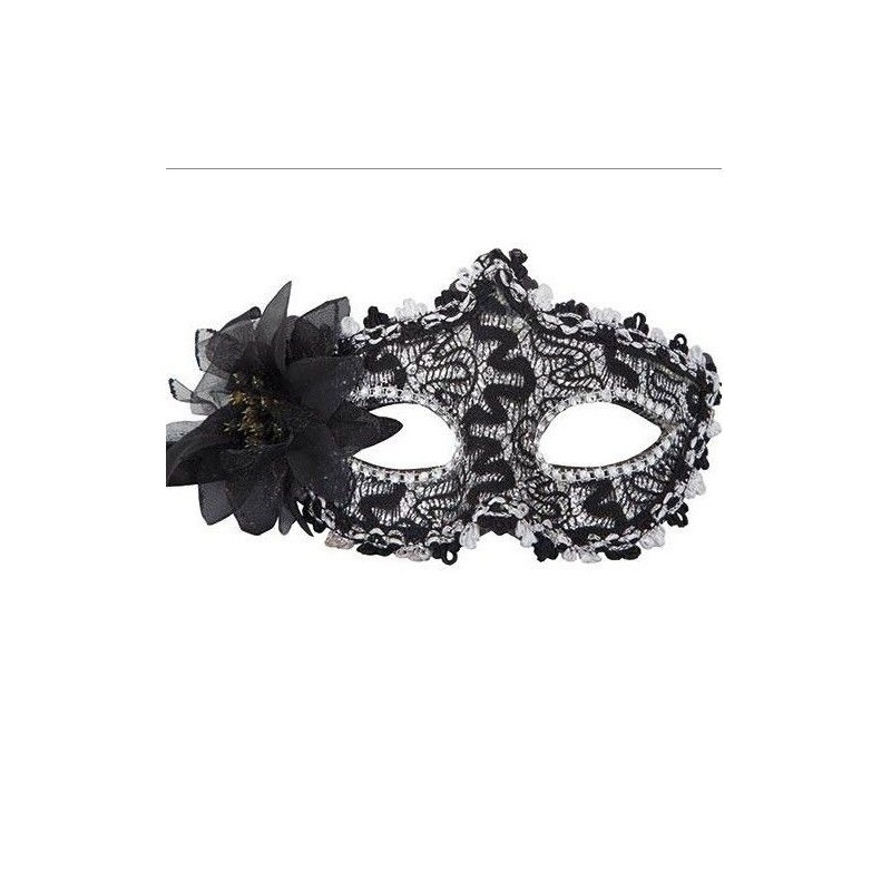 Antifaz veneciano plata con puntilla y flor