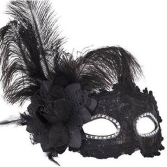 antifaz veneciano negro con flor y pluma