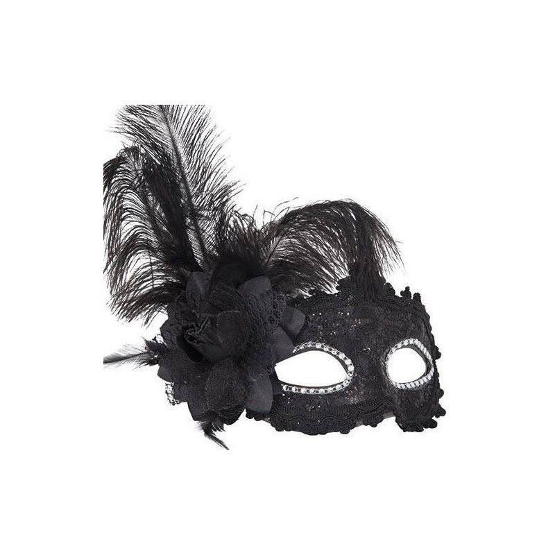 Antifaz veneciano negro con flor y pluma