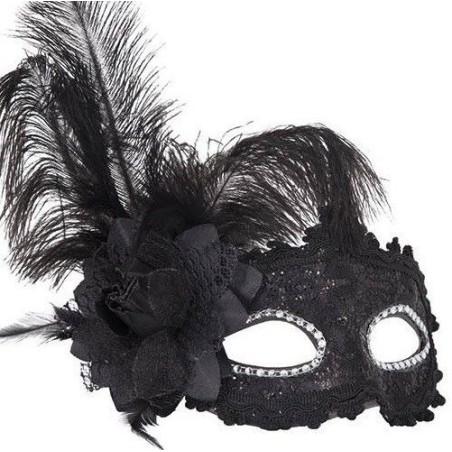 antifaz veneciano negro con flor y pluma