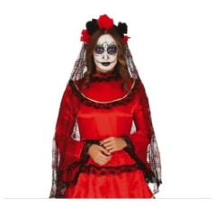 diadema catrina flores negras y rojas con velo