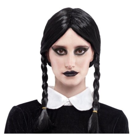 peluca negra con dos trenzas miercoles adulto