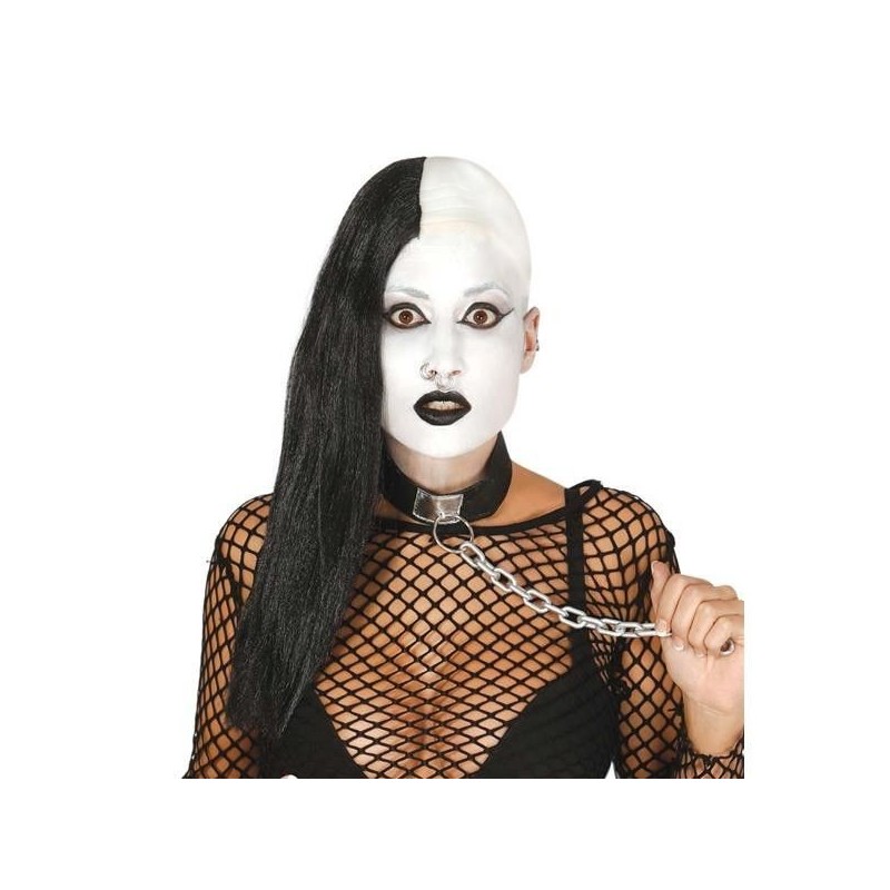 Peluca negra media cabeza calva rockera