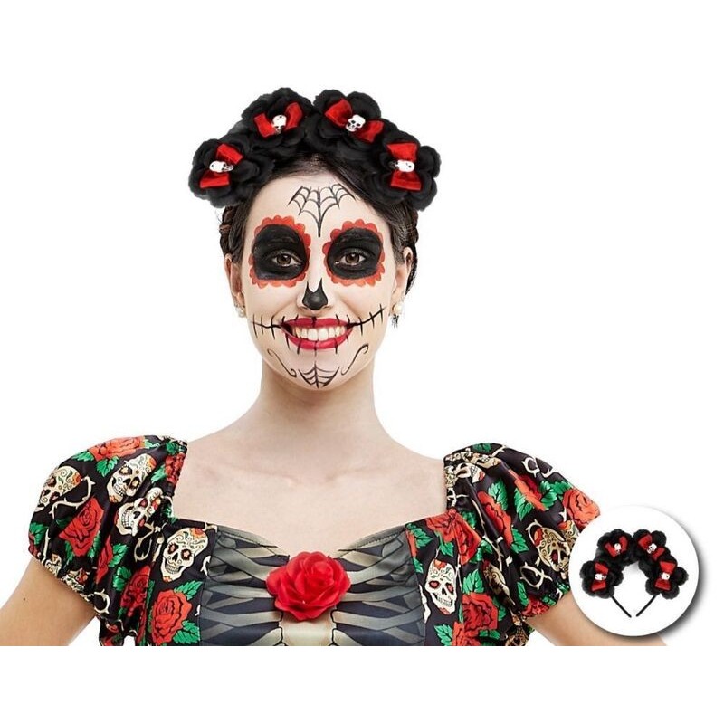 Diadema catrina rosas negras y rojas calaveras