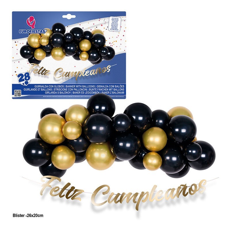 Set Globos negros y oro con feliz cumpleaños oro