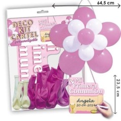 Kit globos comunion para niña flor con cartel-Tus disfraces baratos