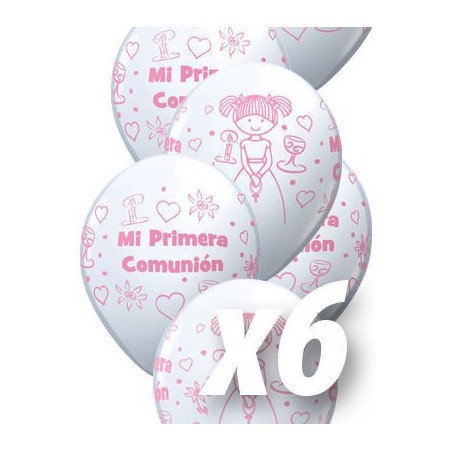 Globo de comunion blanco y rosa para niña 6 uds qualatex 30 cm