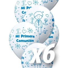 Globo de primera comunion niño blanco y azul 6 uds 30 cm qualatex