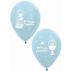 Globos Primera comunion satin azul 12 uds 30 cm-Tus disfraces baratos