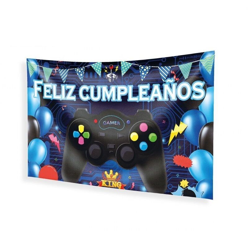 Cartel Feliz cumpleaños gaming en tela 120x68 cm