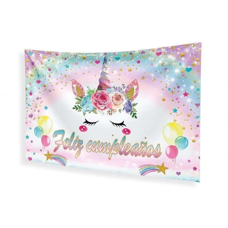 Cartel Feliz cumpleaños unicornio en tela 120x68 cm