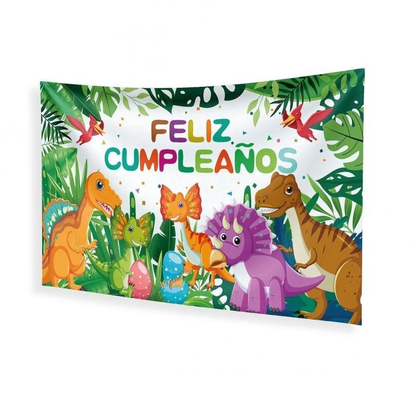 Cartel Feliz cumpleaños dinosaurios en tela 120x68 cm