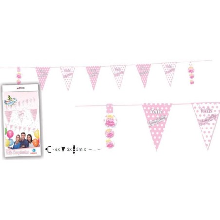Guirnalda feliz cumpleanos rosa lunares blancos 5 metros 8429412028259 5331 06