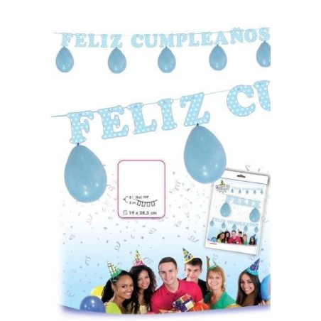 Guirnalda feliz cumpleanos azul lunares blancos con globos 5 metros 8429412025814 5370