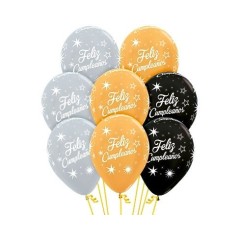 Globo feliz cumpleanos oro plata y negro 6 uds 7703340133263 R12 CUMD