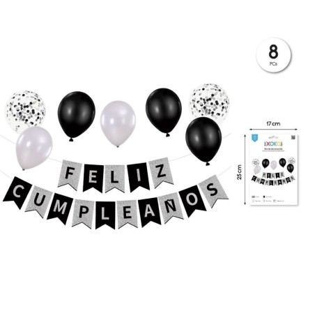 Guirnalda Feliz cumpleanos plata negro con 8 globos 8433584934720 93472