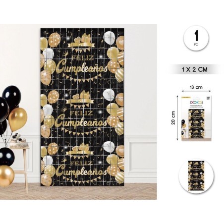Cortina flecos cumpleanos negro oro globos 1x2 metros 8433584956609 95660