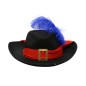 Sombrero fieltro mosquetero negro cinta roja pluma